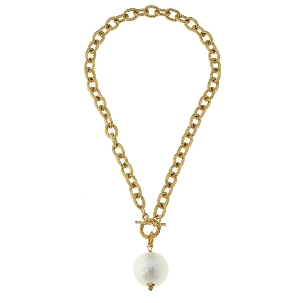 Chunky Gold Tone‎ Chain Necklace with Large White Pearl Pendant Toggle Clasp